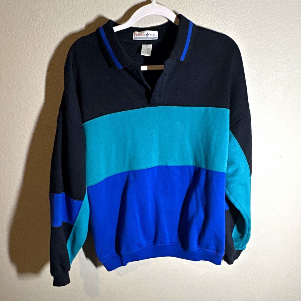 Penguin Sport Men’s Collared Colorblock Pullover Sweatshirt L Black Teal Blue